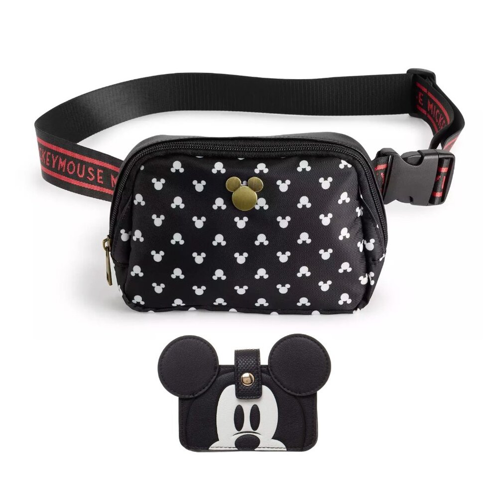Disney Mickey Mouse Print Sling Bag Fanny Pack and Card Wallet Set